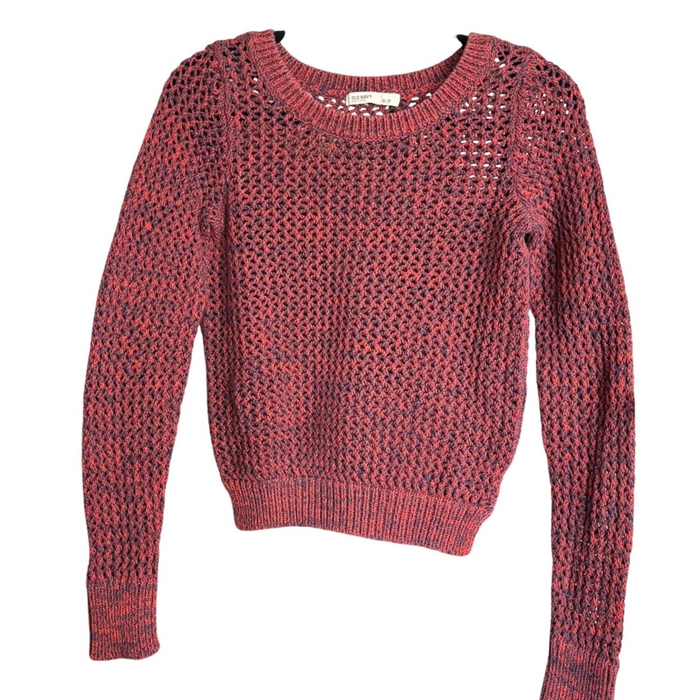 Old Navy Sweater Womens S Red Good Vintage Open Knit Marled Long Sleeve Crewneck